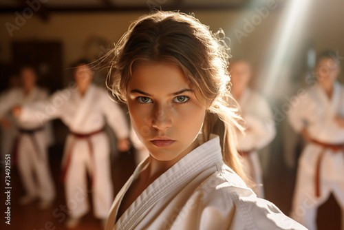 Kinder und Jugendliche im Karateanzug beim konzentrierten Training im Dojo