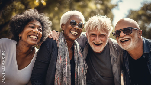 Group of diverse cheerful fun happy multiethnic elderly friends outdoors