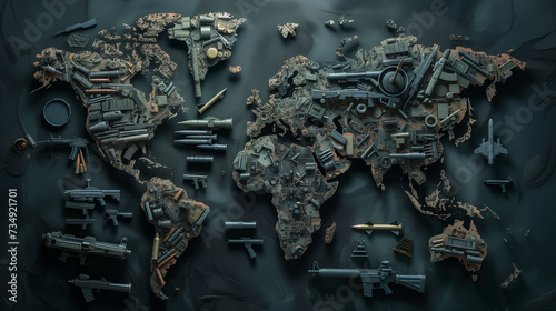 world map made of military equipment, missiles and guns