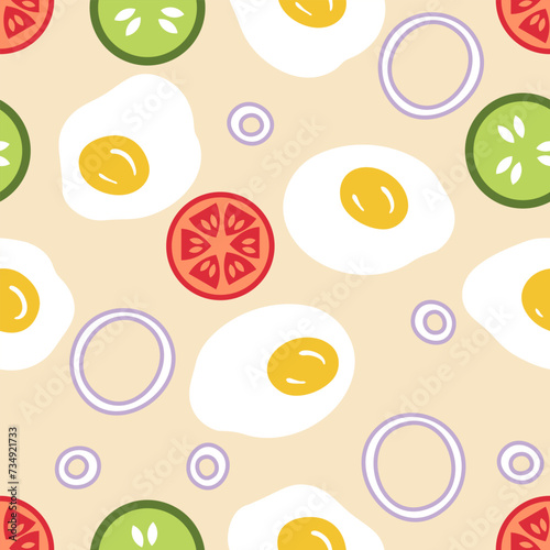 Healthy Morning seamless pattern with fried eggs and seasonal vegetables. Food background for any purposes. Hand drawn vector illustration.