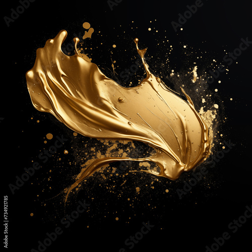 Illustration of gold glitter paint dripping from the top of the image on a pure black background, gold paint splatter, unusual background.