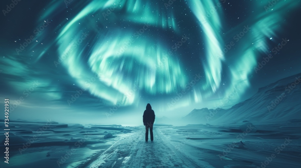 An unidentified traveler is shown standing in cave and admiring green, majestic polar lights during a tour through Iceland