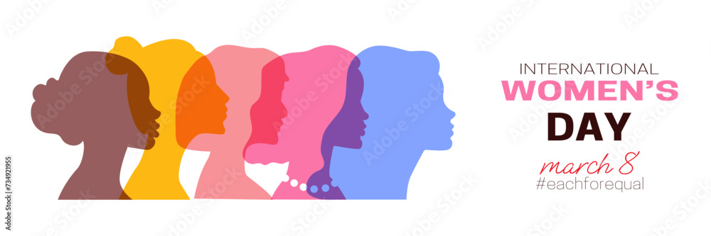 International Women's Day banner with group of diverse female silhouettes. March 8 greeting card, poster, background design. Flat vector illustration