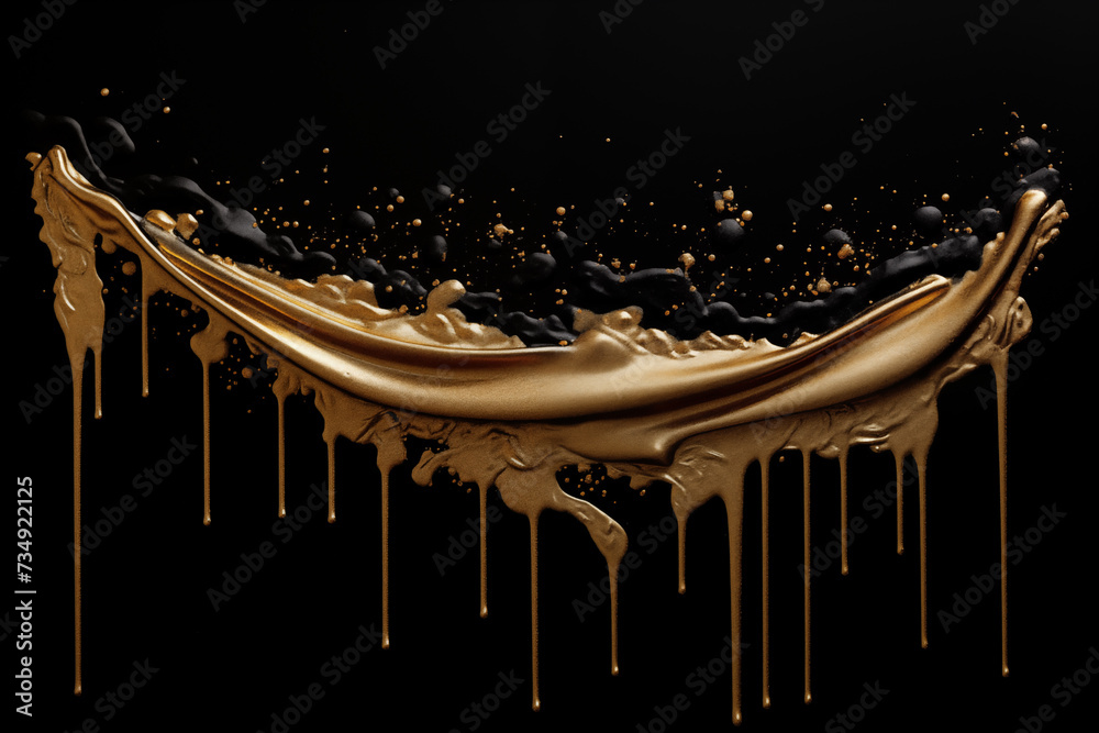 Illustration of gold glitter paint dripping from the top of the image on a pure black background, gold paint splatter, unusual background. - obrazy, fototapety, plakaty 