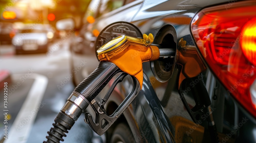 Close up view of car refueling gun inserted into dark vehicle s fuel tank with diesel or petrol Close up view of car refueling gun inserted into dark vehicle s fuel tank with diesel or petrol