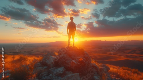 In the late afternoon, a young man stands on a desert rock