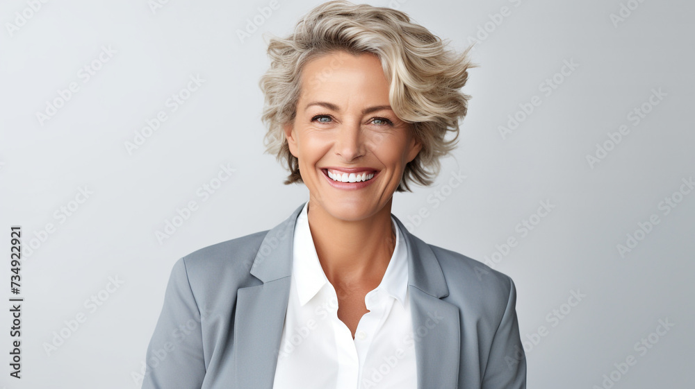 Portrait of a happy Middle-aged business woman laughing and looking at camera on white background Portrait of a happy Middle-aged business woman laughing and looking at camera on white background