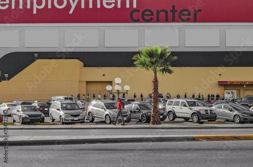 Employment center with queue of people applying for jobs at casino resort hotels in Las Vegas, Nevada