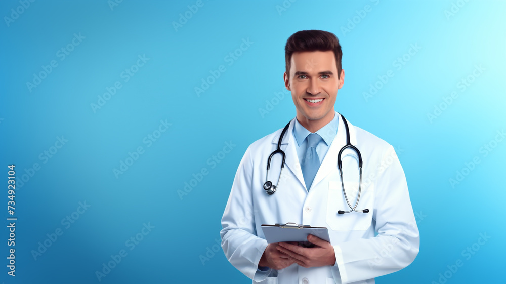 Portrait of confident medical doctor holding a clipboard in his hands on blue background Portrait of confident medical doctor holding a clipboard in his hands on blue background