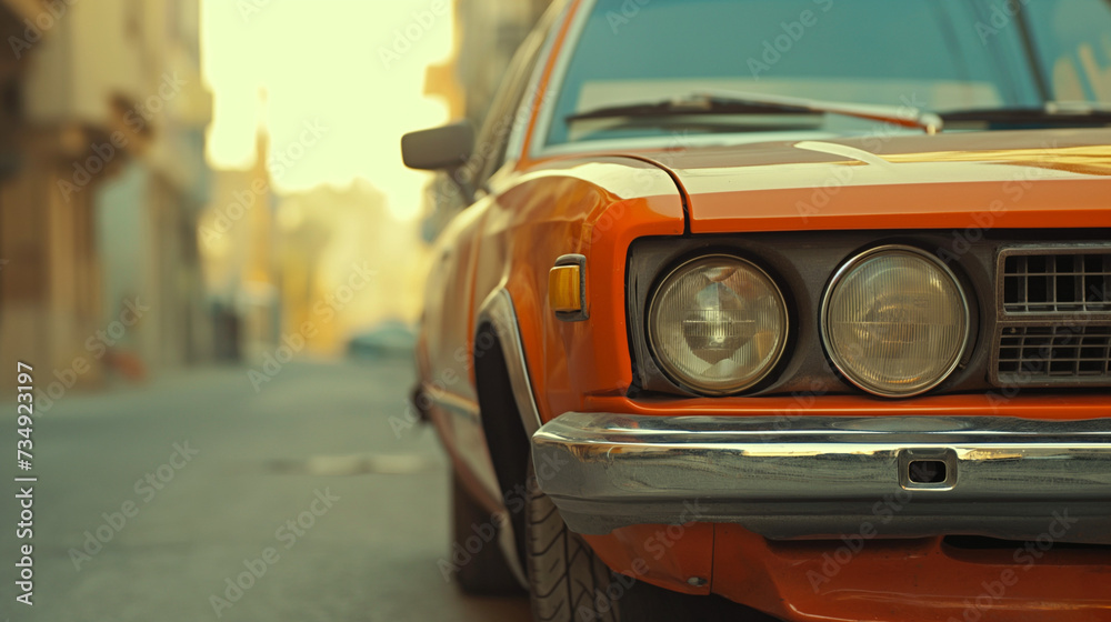 
Cinematic Movie Still: Close-Up on a New Orange 1990 Car with a Scratch on the Bumper in Saudi Arabia by Generative AI