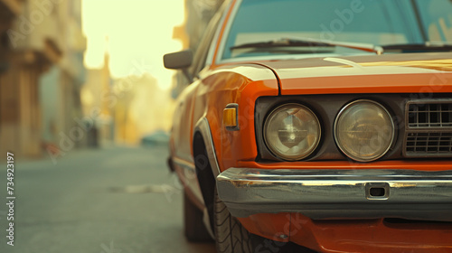  Cinematic Movie Still: Close-Up on a New Orange 1990 Car with a Scratch on the Bumper in Saudi Arabia by Generative AI