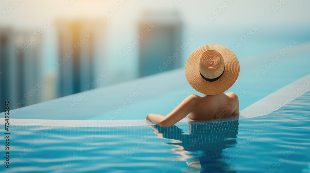 Unrecognizable woman with straw hat in a infinity pool on the top of a skyscraper. Generative AI.