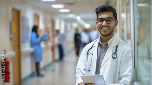 Smiling Indian male doctor in a white coat holding a tablet in the hospital corridor. Generative AI.
