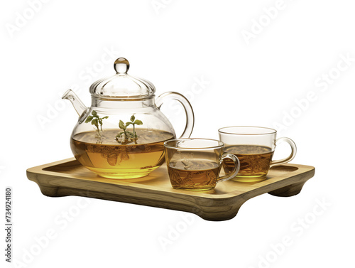 a teapot and cups on a tray
