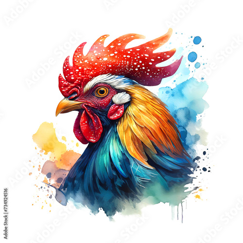 Painting of rooster head on a clean background, Png for Sublimation Printing, Farm animals, Illustration, Generative AI.