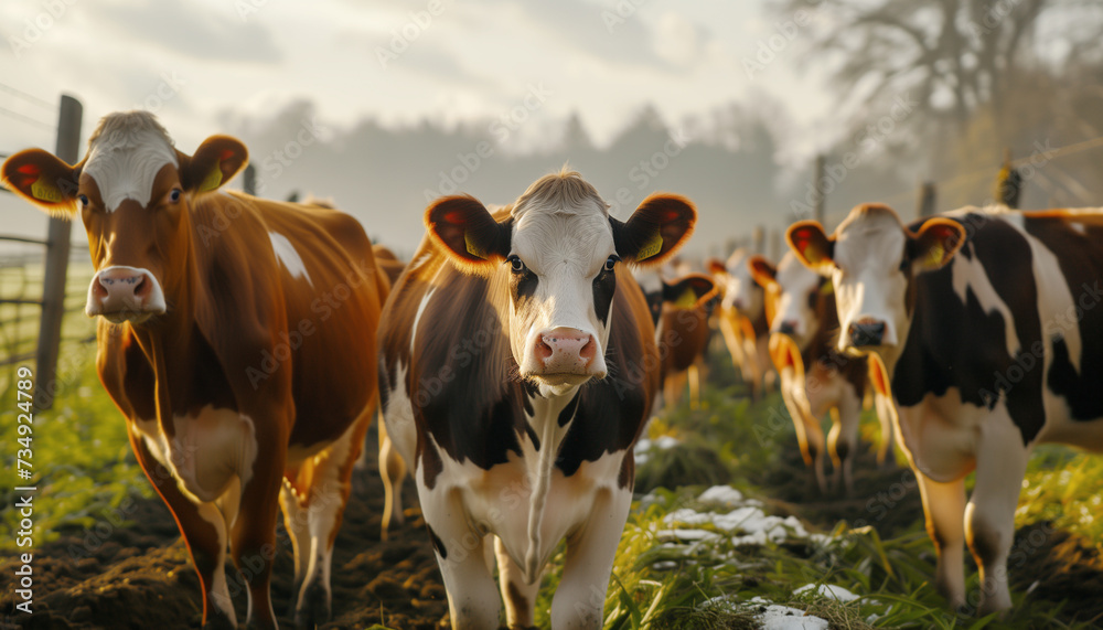 Portraits of funny cows and calves and young bulls staying on countryside spring road staring at camera. Livestock production, Animal husbandry Agriculture industry, Greenhouse Gas Emissions concept Portraits of funny cows and calves and young bulls staying on countryside spring road staring at camera. Livestock production, Animal husbandry Agriculture industry, Greenhouse Gas Emissions concept