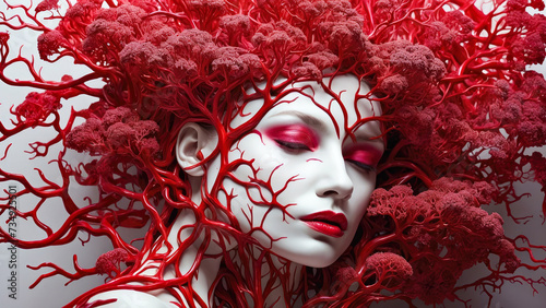beautiful humanoid face surrounded of the intricate nervous system as concept of the tree and veins ending in the human brain