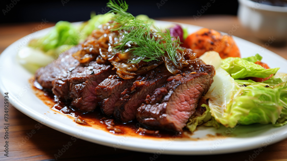 Beefsteak with Lettuce Dish on Plate