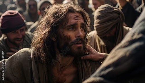 Simon of Cyrene With Long Hair and a Beard in a Crowd