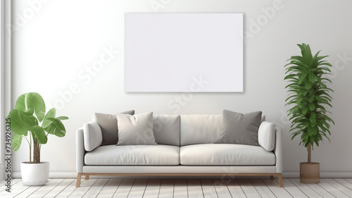 A blank white frame mockup in a minimalist living room © Yuwarin