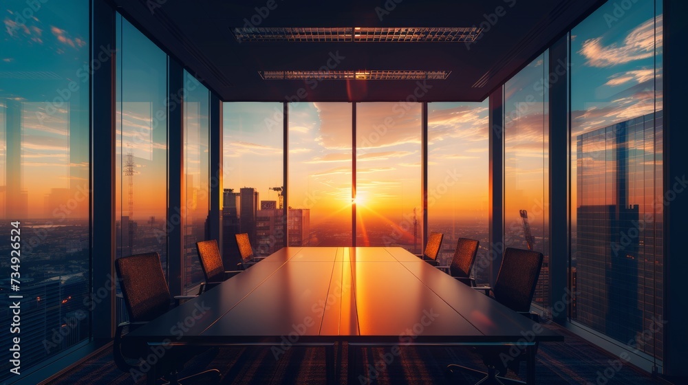 Fototapeta premium interior of meeting room office glass sectioning with beautiful city view at sunset.