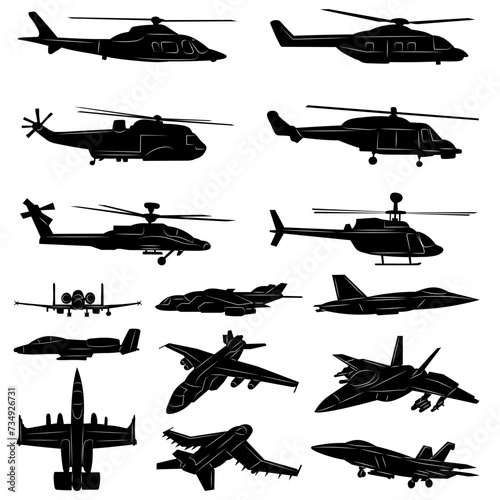 set of military planes and helicopters silhouette on a white background vector © zolotons
