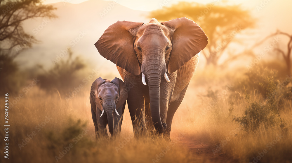 Obraz premium Mother Elephant & It's Baby Walking in a Trail