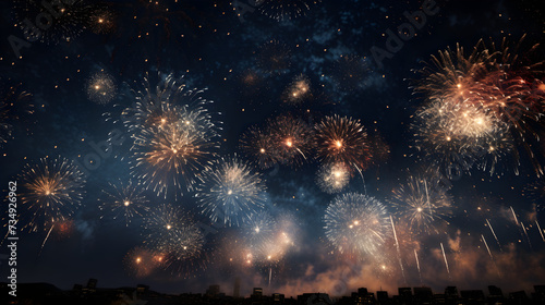 Fireworks with blur milky way background,, Colorful firework display for celebrate happy new year and merry Christmas, Beautiful firework display for celebration with blur bokeh light,  © Abdul