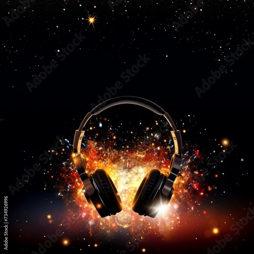 stylish wireless headphones on a black background with backlight and sequins. copy space