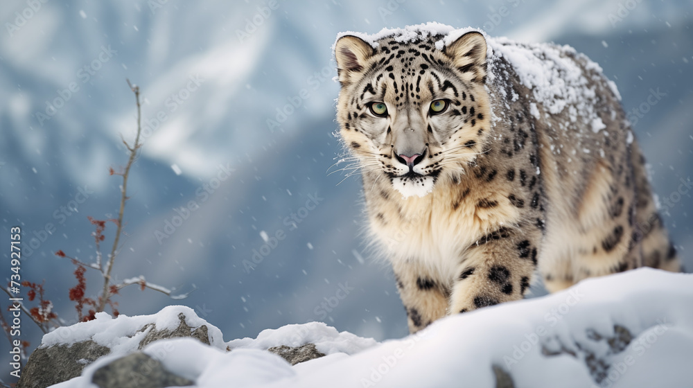 Fototapeta premium Snow Leopard Moving Slowly Eyes on its Prey