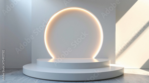 White realistic 3D round podium with natural light in studio for product promotion and advertising. Generative AI