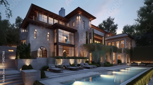 3D model of a luxurious, contemporary home with a swimming pool © Zahid