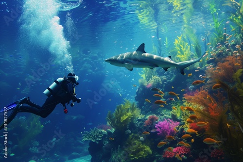 Adventurous Scuba Diver Fearlessly Explores Vibrant Underwater World Alongside Majestic Shark