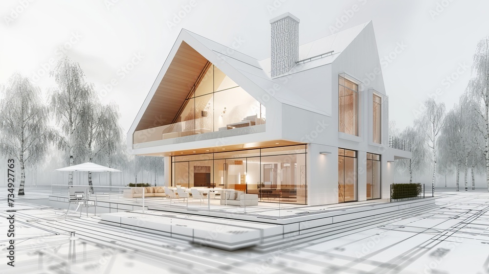 3D illustration of a modern cottage concept found on blueprints. - obrazy, fototapety, plakaty 
