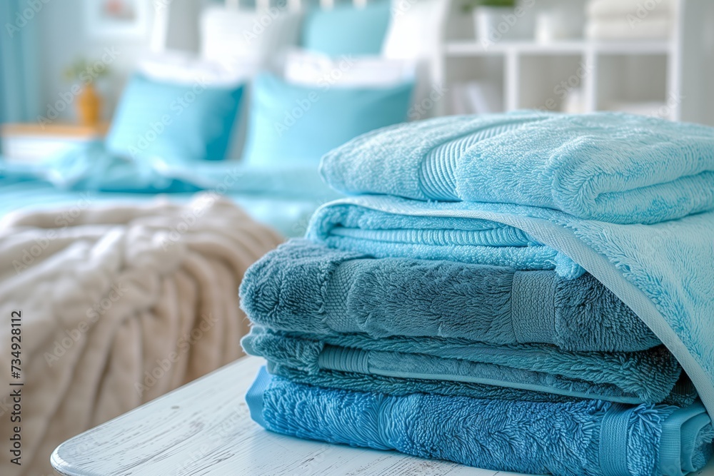 Clean Towels Stacked On Table In Bedroom, Ready For Use And Relaxation Clean Towels Stacked On Table In Bedroom, Ready For Use And Relaxation