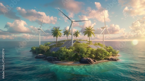 Eco energy. The island has wind stations and solar panels. 3d illustration