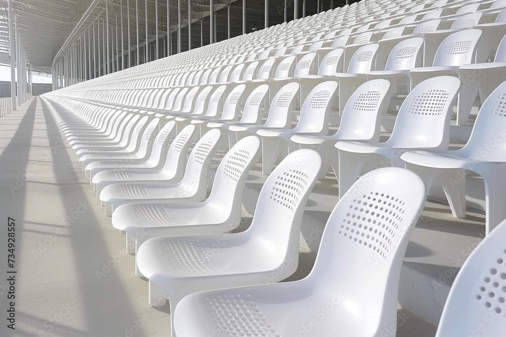 Fototapeta premium Abandoned Sports Arena Displaying Immaculate Rows Of White Seating In The Stands