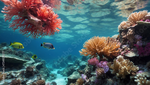 Beautiful underwater scene with coral and fish. AI generated © Mystery