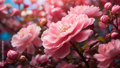 Vibrant pink flowers blossom in spring close up. AI generated