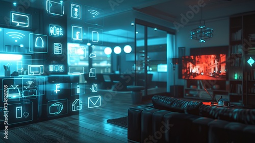 luminous smart home icons on the background of the kitchen and living room. Concept of automation and hi tech. 3d rendering toned image double exposure