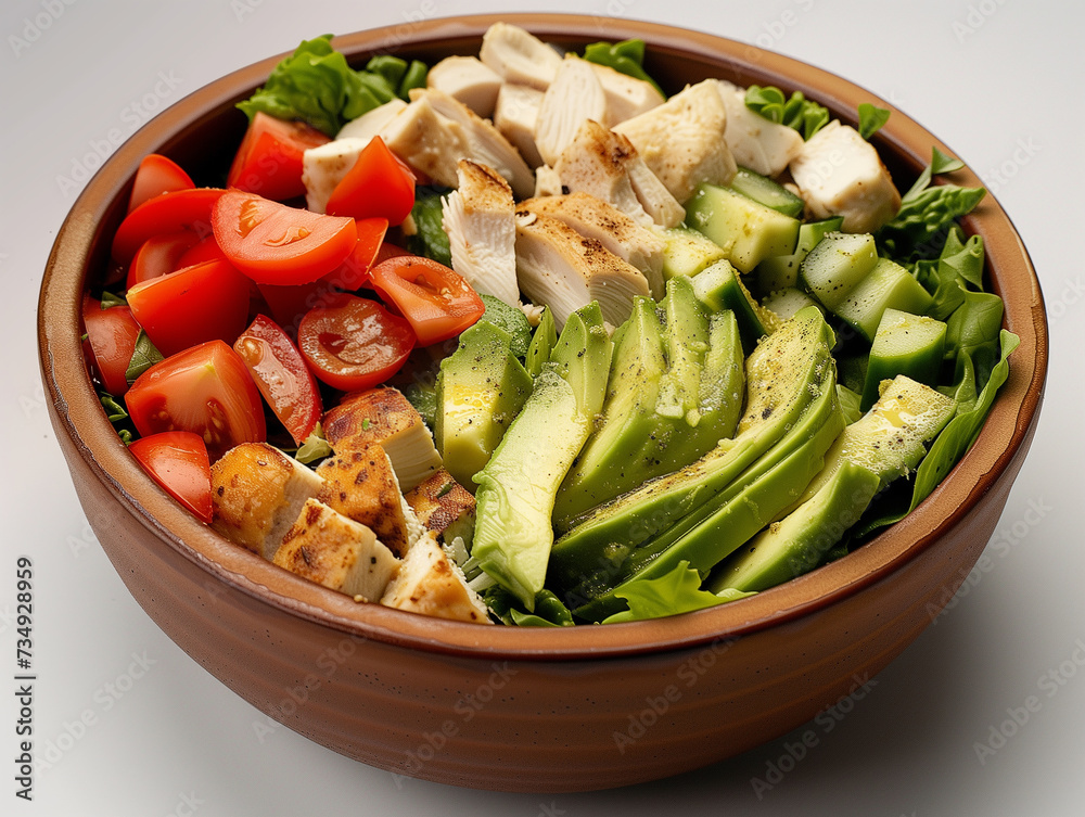 Caesar salad bowl with grilled chicken, tomatoes, lettuce and avocado, on a white background, healthy food Caesar salad bowl with grilled chicken, tomatoes, lettuce and avocado, on a white background, healthy food