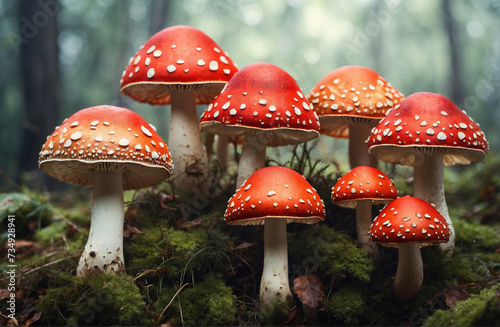 Fly agaric mushrooms in forest. AI generated