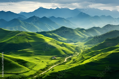 A panoramic view of undulating hills covered in vibrant greenery, merging into a towering mountain backdrop.