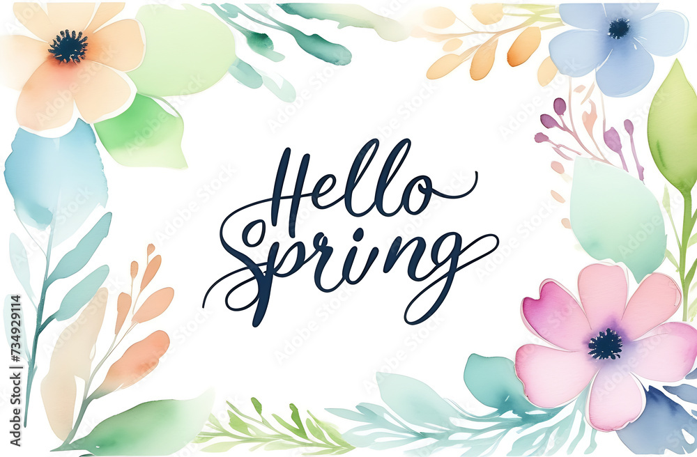 Greeting card, watercolor drawing of flowers with the inscription Hello Spring
