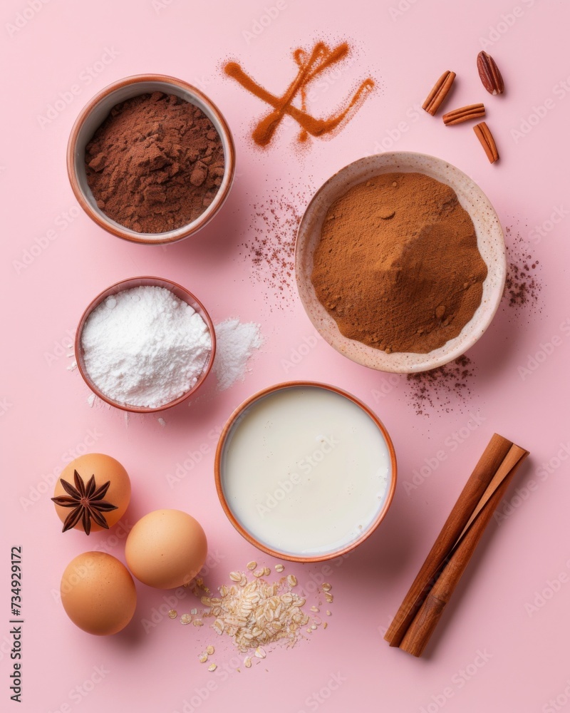 Flat lay food ingredients on a gently pink pastel background Flat lay food ingredients on a gently pink pastel background