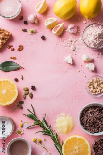 Flat lay food ingredients on a gently pink pastel background