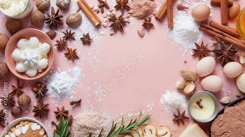 Flat lay food ingredients on a gently pink pastel background