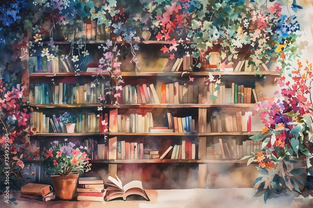 Cozy home library with blooming flowers and books. artistic watercolor style photo ideal for decor and backgrounds. AI