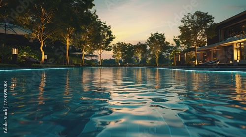 Luxurious swimming pool is located next to a natural garden and features blue, clear water, perfect lighting, lush vegetation, a front-facing luxury house, and a scene of the evening. photo