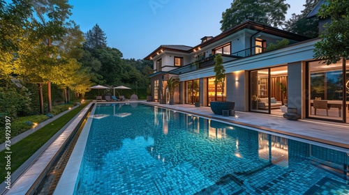 Luxurious swimming pool is located next to a natural garden and features blue  clear water  perfect lighting  lush vegetation  a front-facing luxury house  and a scene of the evening.